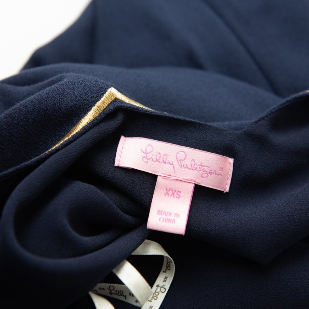Lilly Pulitzer Owen Dress Trapeze Mini Beaded Rayon True Navy Blue Gold Size XXS - Picture 4 of 7